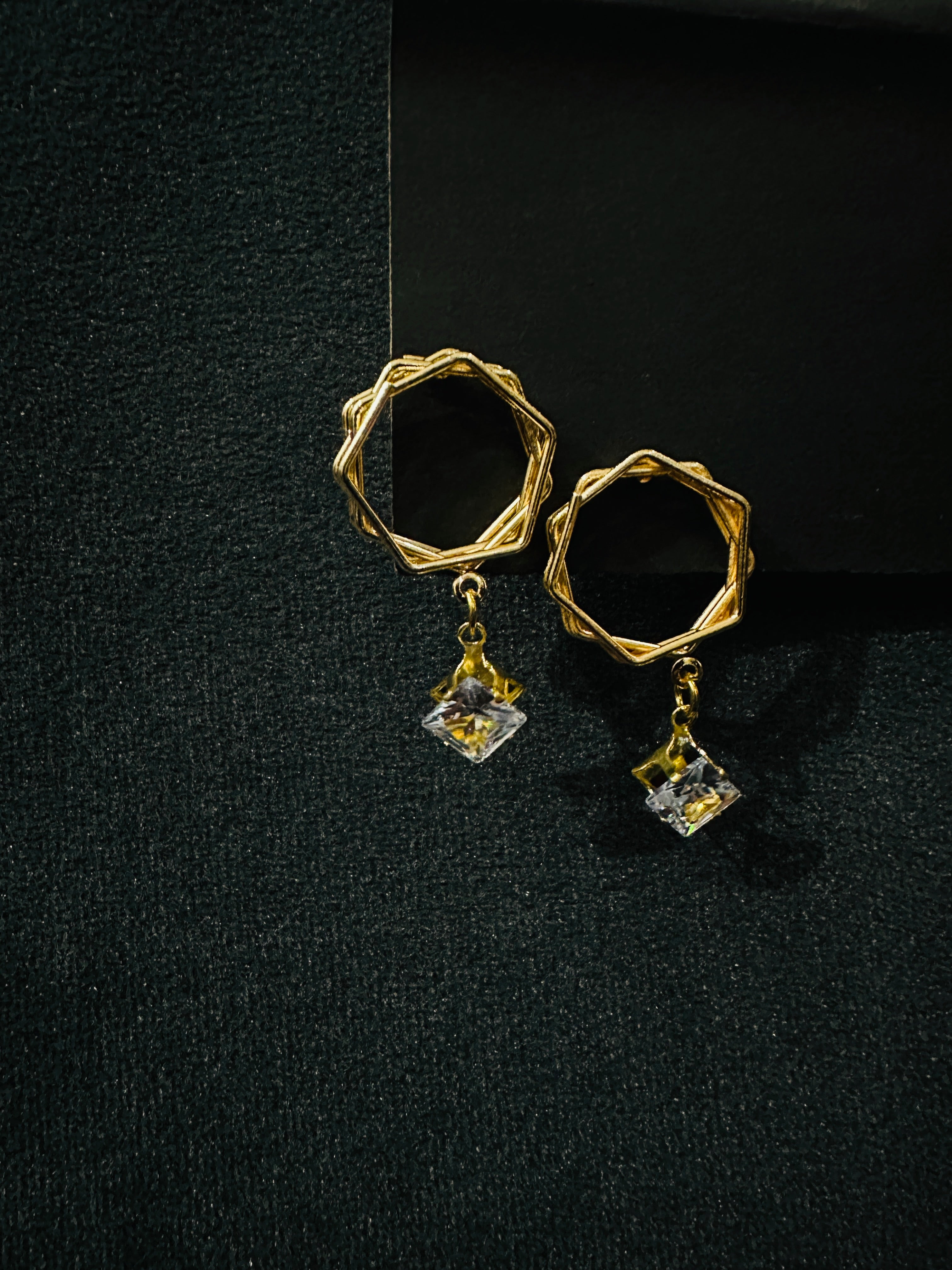 Geometric Gold Crystal Drop Earrings – Bold & Beautiful